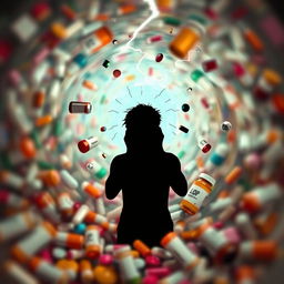 Conceptual depiction of the side effects of a drug, featuring a swirling vortex of pills and medicine bottles around a distressed human silhouette