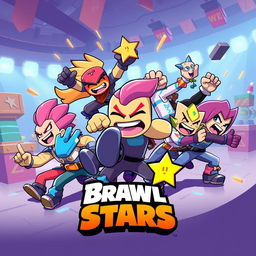 A colorful and dynamic illustration depicting characters from the game Brawl Stars in an action-packed scene