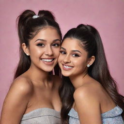 A realistic portrait of Ariana Grande and Selena Gomez together, smiling and posing in a friendly manner