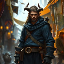 A young, confident male Firbolg bounty hunter dressed in dark blue clothes, standing in an adventurous pose