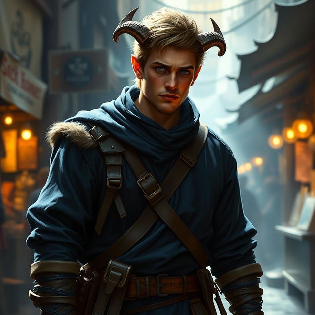 A young, confident male Firbolg bounty hunter dressed in dark blue clothes, standing in an adventurous pose