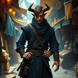 A young, confident male Firbolg bounty hunter dressed in dark blue clothes, standing in an adventurous pose