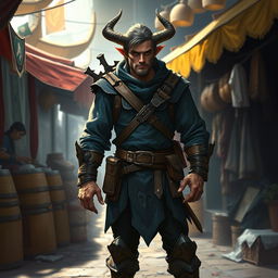 A young, confident male Firbolg bounty hunter dressed in dark blue clothes, standing in an adventurous pose