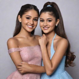 A realistic portrait of Ariana Grande and Selena Gomez together, smiling and posing in a friendly manner