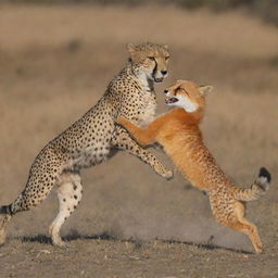 A dramatic scene of a cheetah clashing with a fox in a dynamic natural showdown