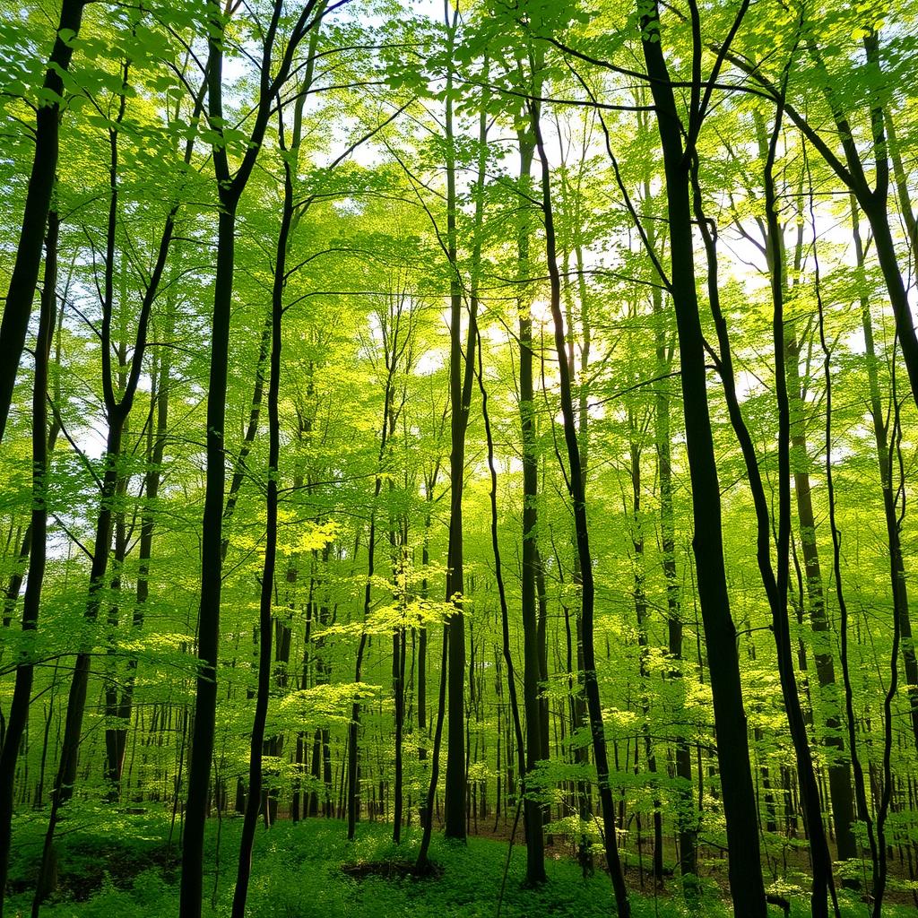 A serene forest scene with lush light green foliage, dappled sunlight filtering through the tree canopy, casting soft shadows on the forest floor