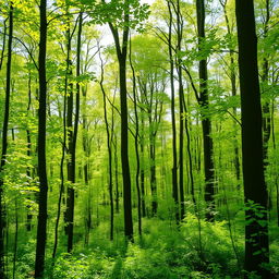 A serene forest scene with lush light green foliage, dappled sunlight filtering through the tree canopy, casting soft shadows on the forest floor