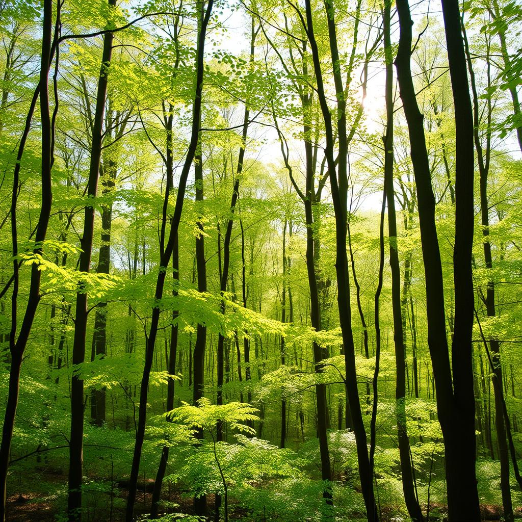 A serene forest scene with lush light green foliage, dappled sunlight filtering through the tree canopy, casting soft shadows on the forest floor