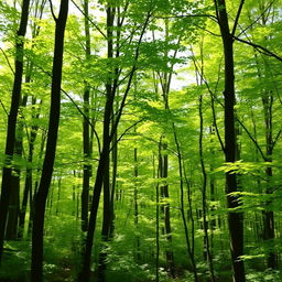 A serene forest scene with lush light green foliage, dappled sunlight filtering through the tree canopy, casting soft shadows on the forest floor