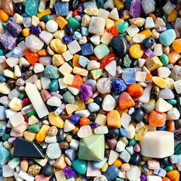 A bulk pile of a wide variety of crystals filling the image, showcasing both raw stones and polished crystals