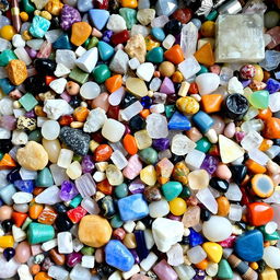 A bulk pile of a wide variety of crystals filling the image, showcasing both raw stones and polished crystals