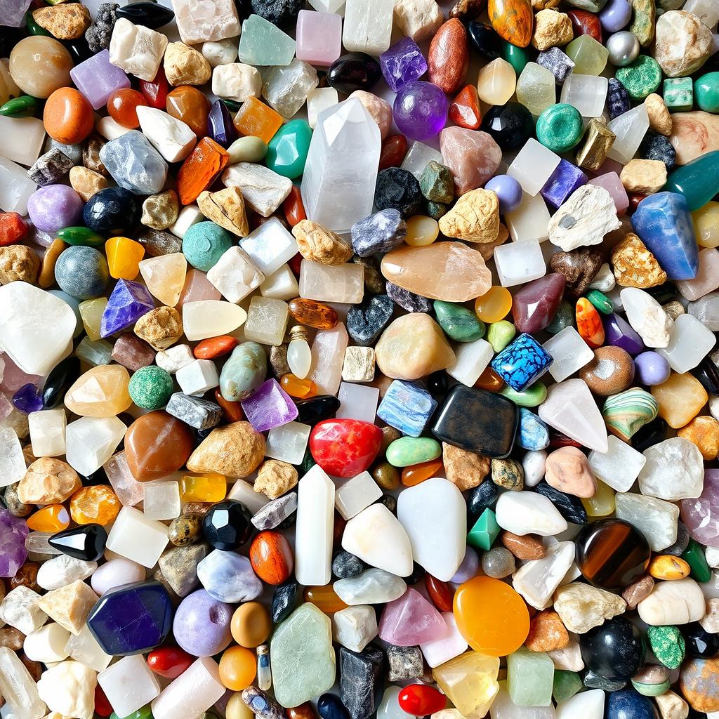 A bulk pile of a wide variety of crystals filling the image, showcasing both raw stones and polished crystals