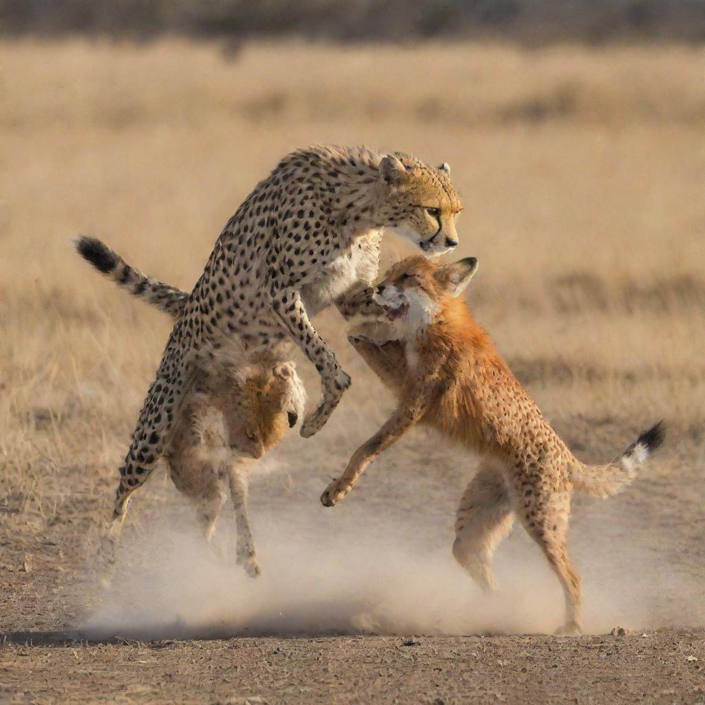 A dramatic scene of a cheetah clashing with a fox in a dynamic natural showdown