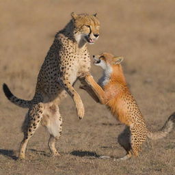 A dramatic scene of a cheetah clashing with a fox in a dynamic natural showdown