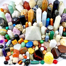 An image filled with a variety of large and small crystals, displaying both raw stones and polished crystals