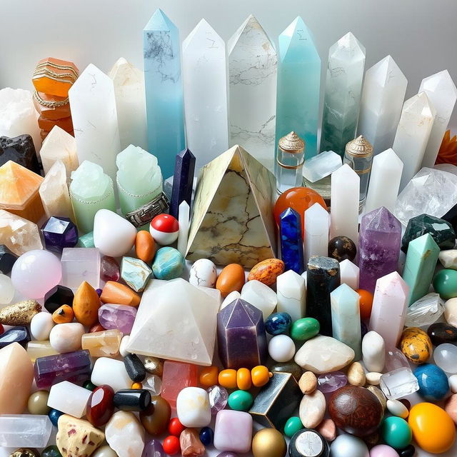 An image filled with a variety of large and small crystals, displaying both raw stones and polished crystals