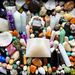 An image filled with a variety of large and small crystals, displaying both raw stones and polished crystals