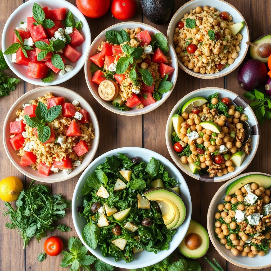 A creative and colorful salad spread featuring a variety of innovative salads such as a watermelon and feta salad with mint leaves, a quinoa and roasted vegetable salad with a citrus dressing, a kale and apple salad with walnuts and blue cheese, and an avocado and chickpea salad with a spicy lime dressing