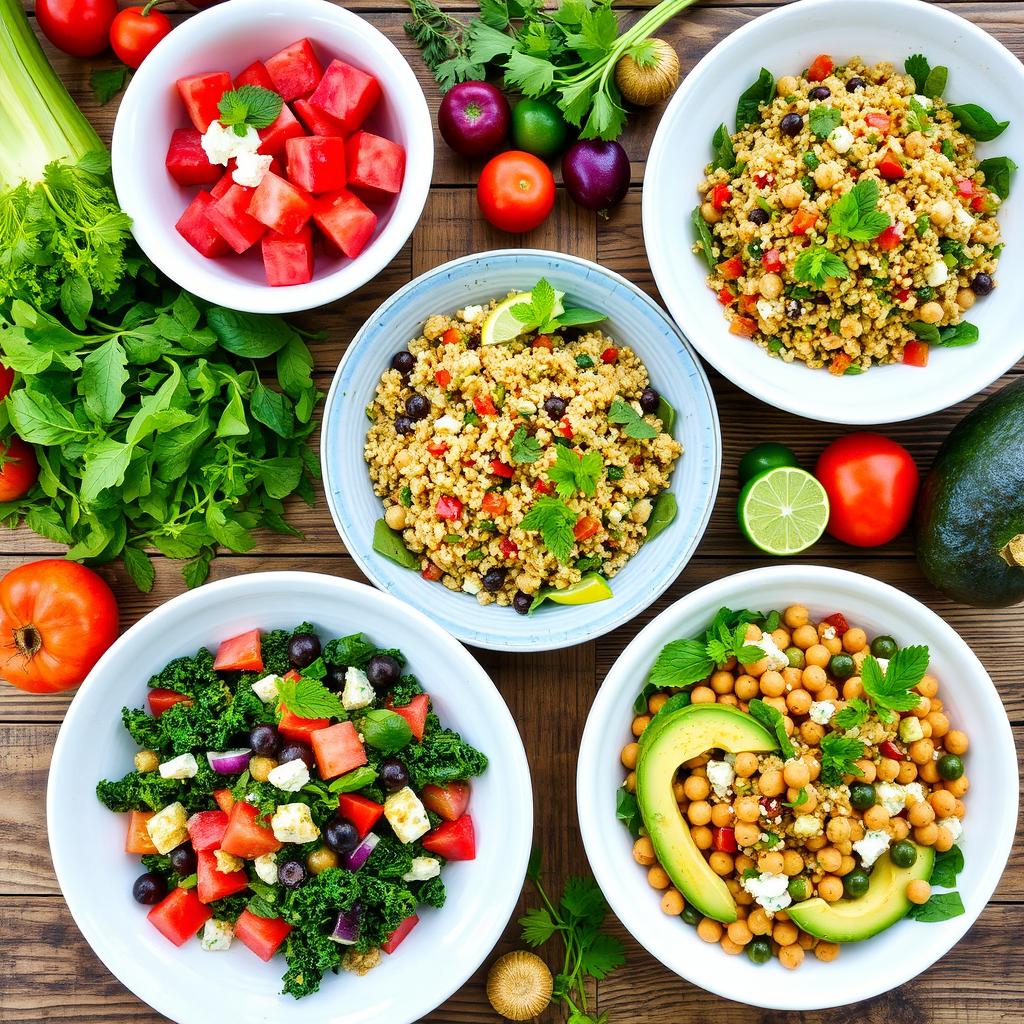 A creative and colorful salad spread featuring a variety of innovative salads such as a watermelon and feta salad with mint leaves, a quinoa and roasted vegetable salad with a citrus dressing, a kale and apple salad with walnuts and blue cheese, and an avocado and chickpea salad with a spicy lime dressing