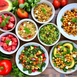 A creative and colorful salad spread featuring a variety of innovative salads such as a watermelon and feta salad with mint leaves, a quinoa and roasted vegetable salad with a citrus dressing, a kale and apple salad with walnuts and blue cheese, and an avocado and chickpea salad with a spicy lime dressing