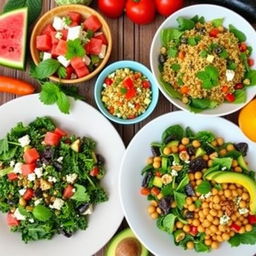 A creative and colorful salad spread featuring a variety of innovative salads such as a watermelon and feta salad with mint leaves, a quinoa and roasted vegetable salad with a citrus dressing, a kale and apple salad with walnuts and blue cheese, and an avocado and chickpea salad with a spicy lime dressing