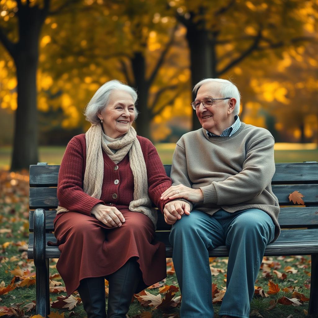 A heartfelt scene capturing an elderly couple sitting on a rustic park bench, holding hands tenderly, surrounded by a vibrant array of autumn leaves