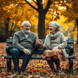 A heartfelt scene capturing an elderly couple sitting on a rustic park bench, holding hands tenderly, surrounded by a vibrant array of autumn leaves