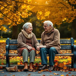 A heartfelt scene capturing an elderly couple sitting on a rustic park bench, holding hands tenderly, surrounded by a vibrant array of autumn leaves