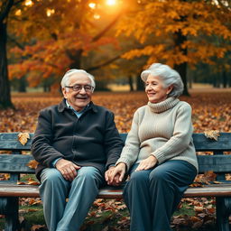 A heartfelt scene capturing an elderly couple sitting on a rustic park bench, holding hands tenderly, surrounded by a vibrant array of autumn leaves