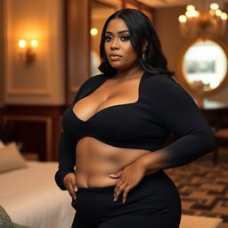 A striking woman wearing tastefully minimal black clothing that accentuates her voluptuous figure, showcasing her ample curves with elegance and style