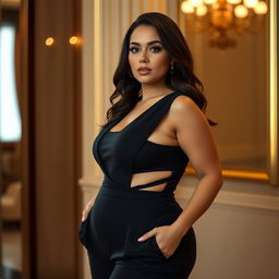 A striking woman wearing tastefully minimal black clothing that accentuates her voluptuous figure, showcasing her ample curves with elegance and style