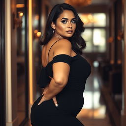 A striking woman wearing tastefully minimal black clothing that accentuates her voluptuous figure, showcasing her ample curves with elegance and style