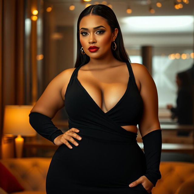 A striking woman wearing tastefully minimal black clothing that accentuates her voluptuous figure, showcasing her ample curves with elegance and style