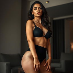 A striking woman with an athletic yet curvaceous physique, wearing minimal black lingerie that accentuates her features tastefully