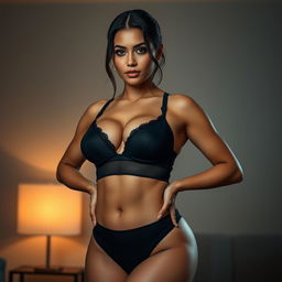 A striking woman with an athletic yet curvaceous physique, wearing minimal black lingerie that accentuates her features tastefully