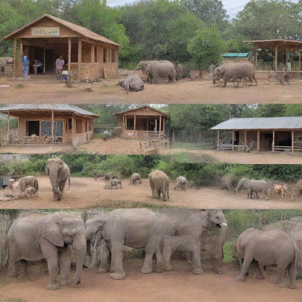 A compassionate zoo featuring animals with various disabilities, each being taken care of and living happily in their adapted habitats