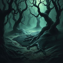 A mysterious and dark black ooze spreading across a mystical forest floor, emitting an eerie glow