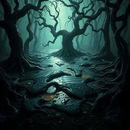 A mysterious and dark black ooze spreading across a mystical forest floor, emitting an eerie glow