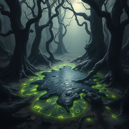 A mysterious and dark black ooze spreading across a mystical forest floor, emitting an eerie glow