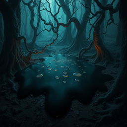 A mysterious and dark black ooze spreading across a mystical forest floor, emitting an eerie glow