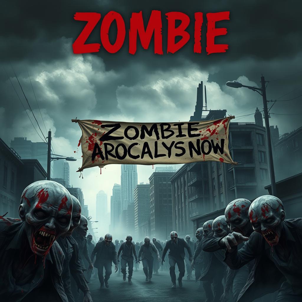 A horror book cover for "Zombie Apocalypse Now" featuring an eerie post-apocalyptic landscape