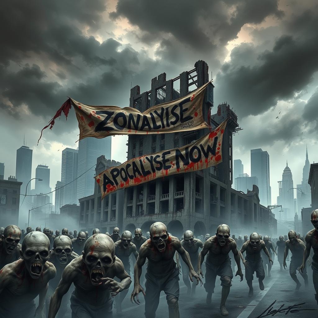 A horror book cover for "Zombie Apocalypse Now" featuring an eerie post-apocalyptic landscape