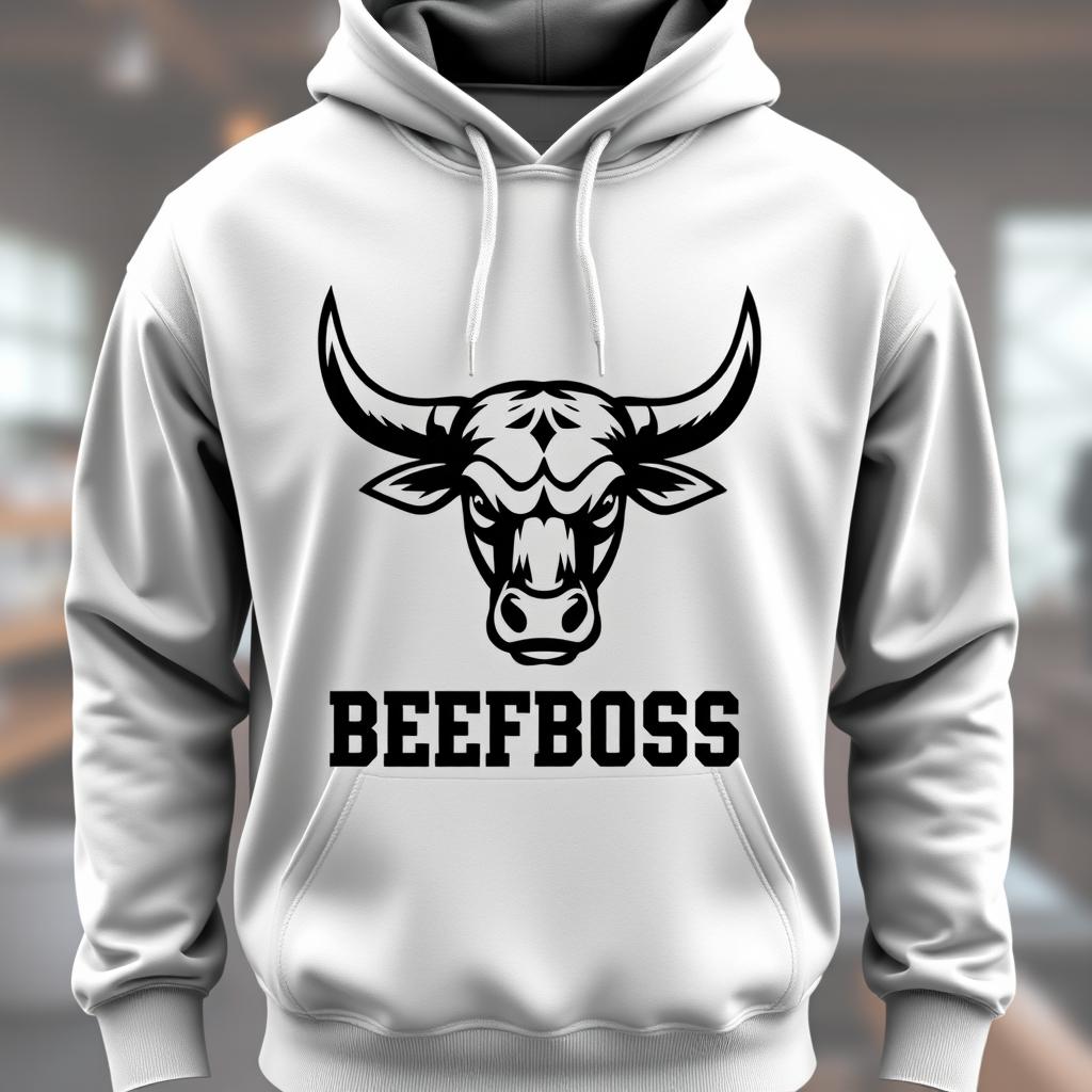 A stylish hoodie featuring a logo design of Beefboss, incorporating a bold and striking cattle symbol