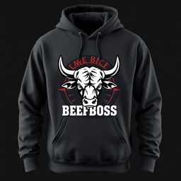 A stylish hoodie featuring a logo design of Beefboss, incorporating a bold and striking cattle symbol