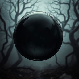 A close-up of a black ooze bubble, glistening with a mysterious sheen, hovering over a mystical landscape