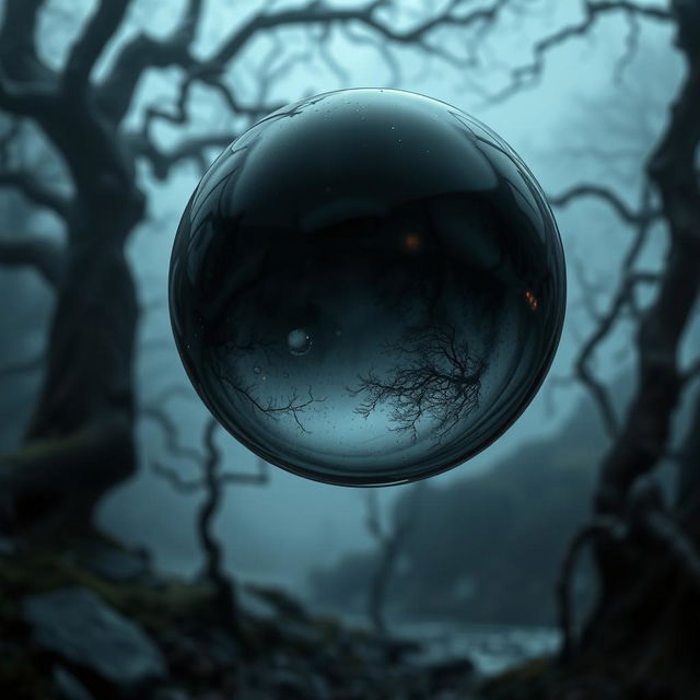 A close-up of a black ooze bubble, glistening with a mysterious sheen, hovering over a mystical landscape