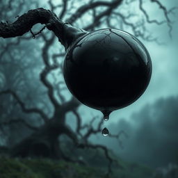 A close-up of a black ooze bubble, glistening with a mysterious sheen, hovering over a mystical landscape