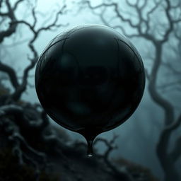 A close-up of a black ooze bubble, glistening with a mysterious sheen, hovering over a mystical landscape