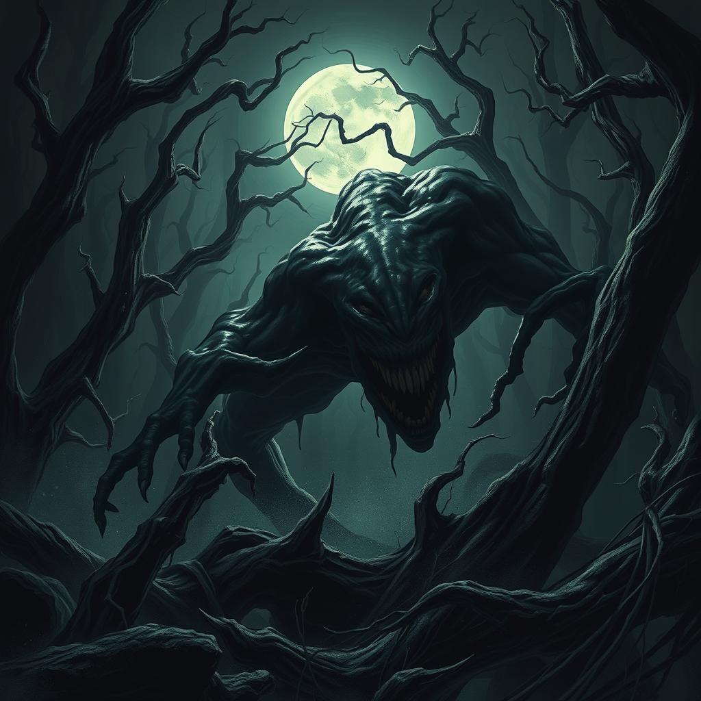 A dynamic scene of black ooze attacking in a dark and eerie forest