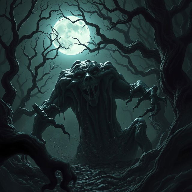 A dynamic scene of black ooze attacking in a dark and eerie forest